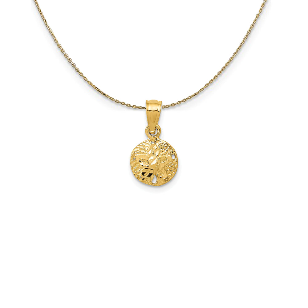 14k Yellow Gold 8mm Satin and Diamond Cut Sand Dollar Necklace, Item N25133 by The Black Bow Jewelry Co.