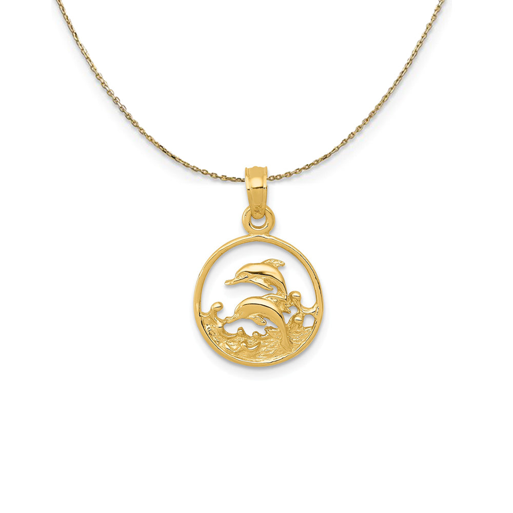 14k Yellow Gold Double Dolphins Circle Necklace, Item N25270 by The Black Bow Jewelry Co.