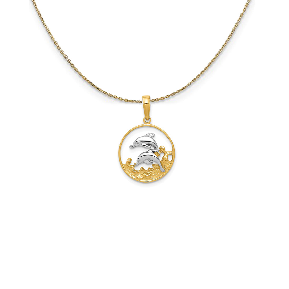 14k Yellow Gold Two Tone Double Dolphins in Circle Necklace, Item N25271 by The Black Bow Jewelry Co.