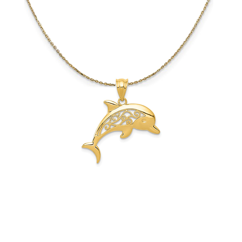 14k Yellow Gold Filigree Dolphin Necklace, Item N25287 by The Black Bow Jewelry Co.
