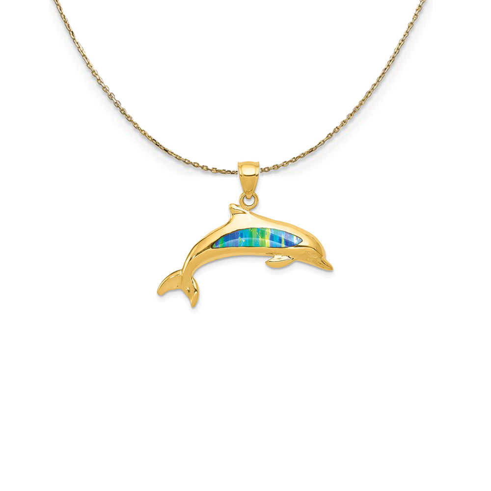 14k Yellow Gold &amp; Imitation Opal Dolphin Necklace, Item N25297 by The Black Bow Jewelry Co.