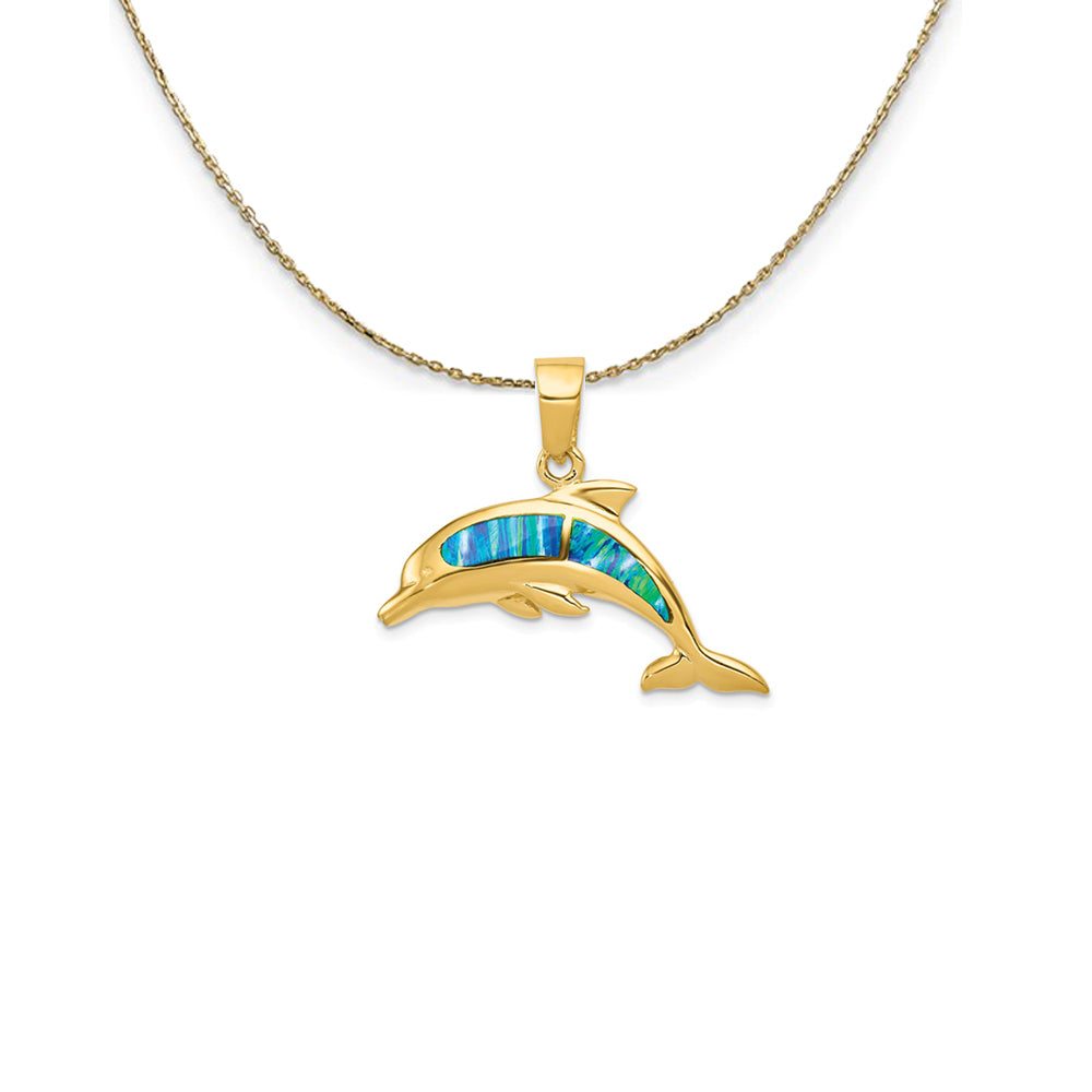 14k Yellow Gold and Imitation Opal Dolphin Necklace, Item N25298 by The Black Bow Jewelry Co.