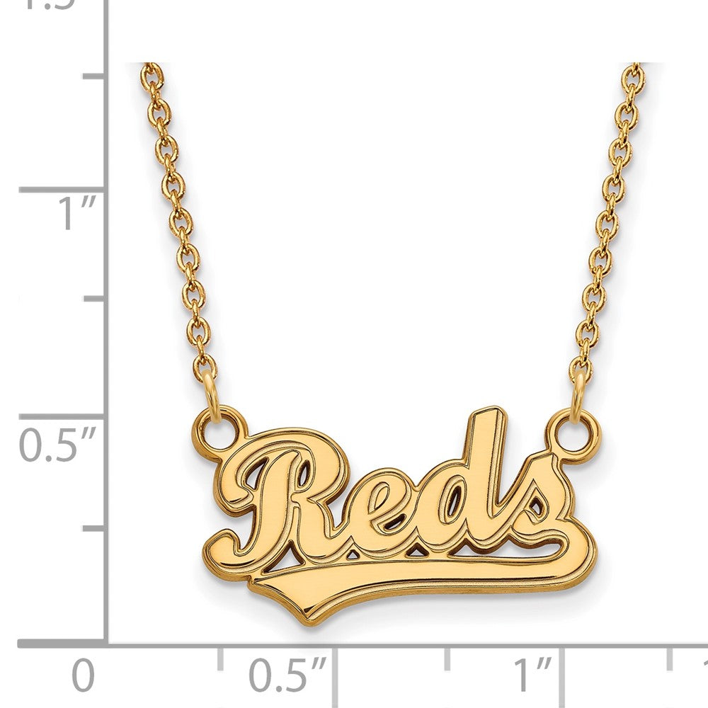 Alternate view of the 10K Yellow Gold MLB Cincinnati Reds Small Script Necklace, 18 Inch by The Black Bow Jewelry Co.