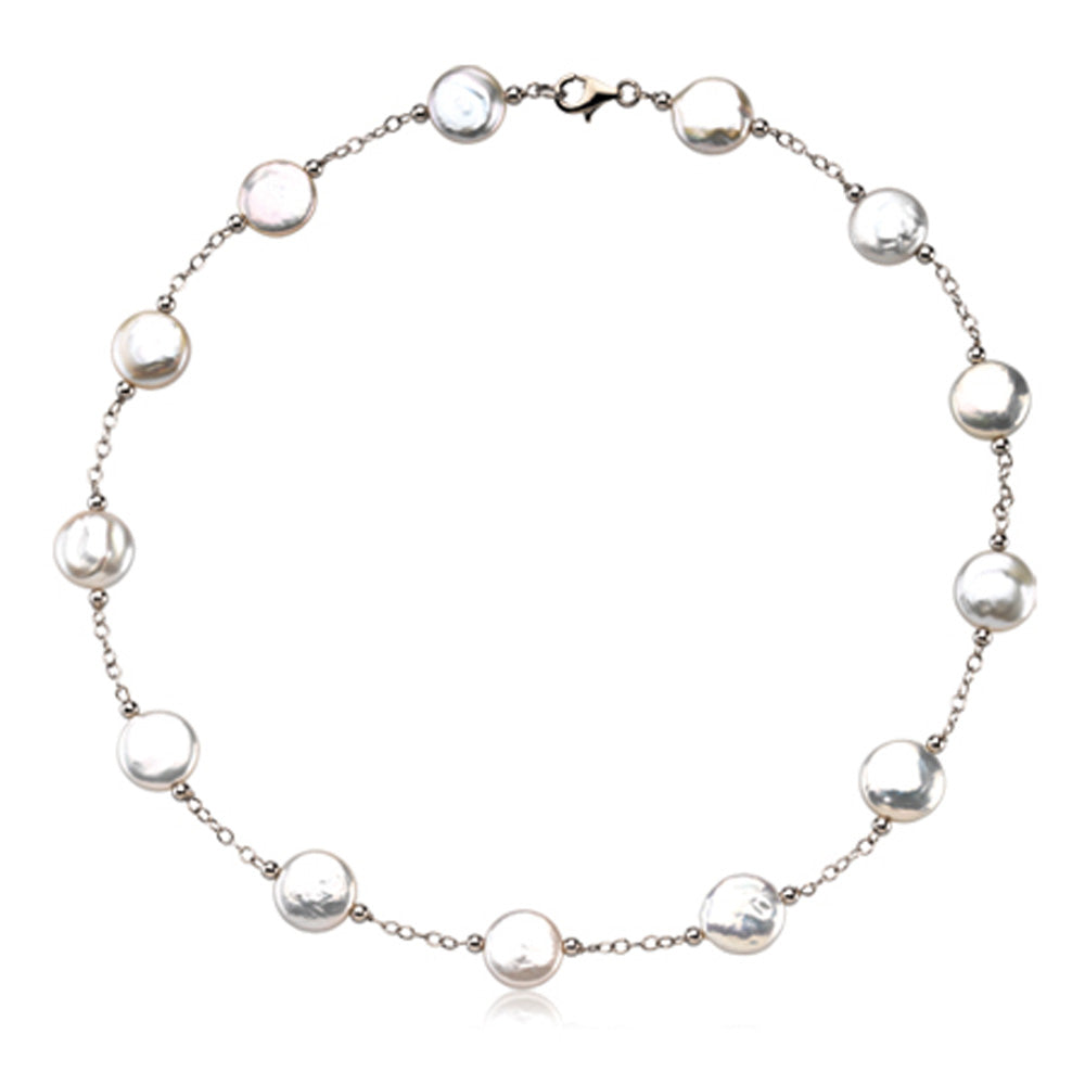 12-13mm White FW Cultured Coin Pearl & Sterling Silver 18-In Necklace, Item N8183 by The Black Bow Jewelry Co.