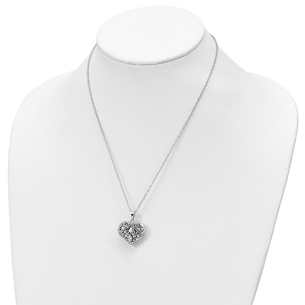 Alternate view of the Rhodium Plated Sterling Silver & CZ Heart Ash Holder Necklace, 18 Inch by The Black Bow Jewelry Co.