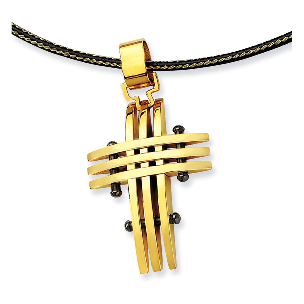 Gold Tone & Black Plated Stainless Steel Grid Cross Necklace - 16 Inch, Item N8450 by The Black Bow Jewelry Co.