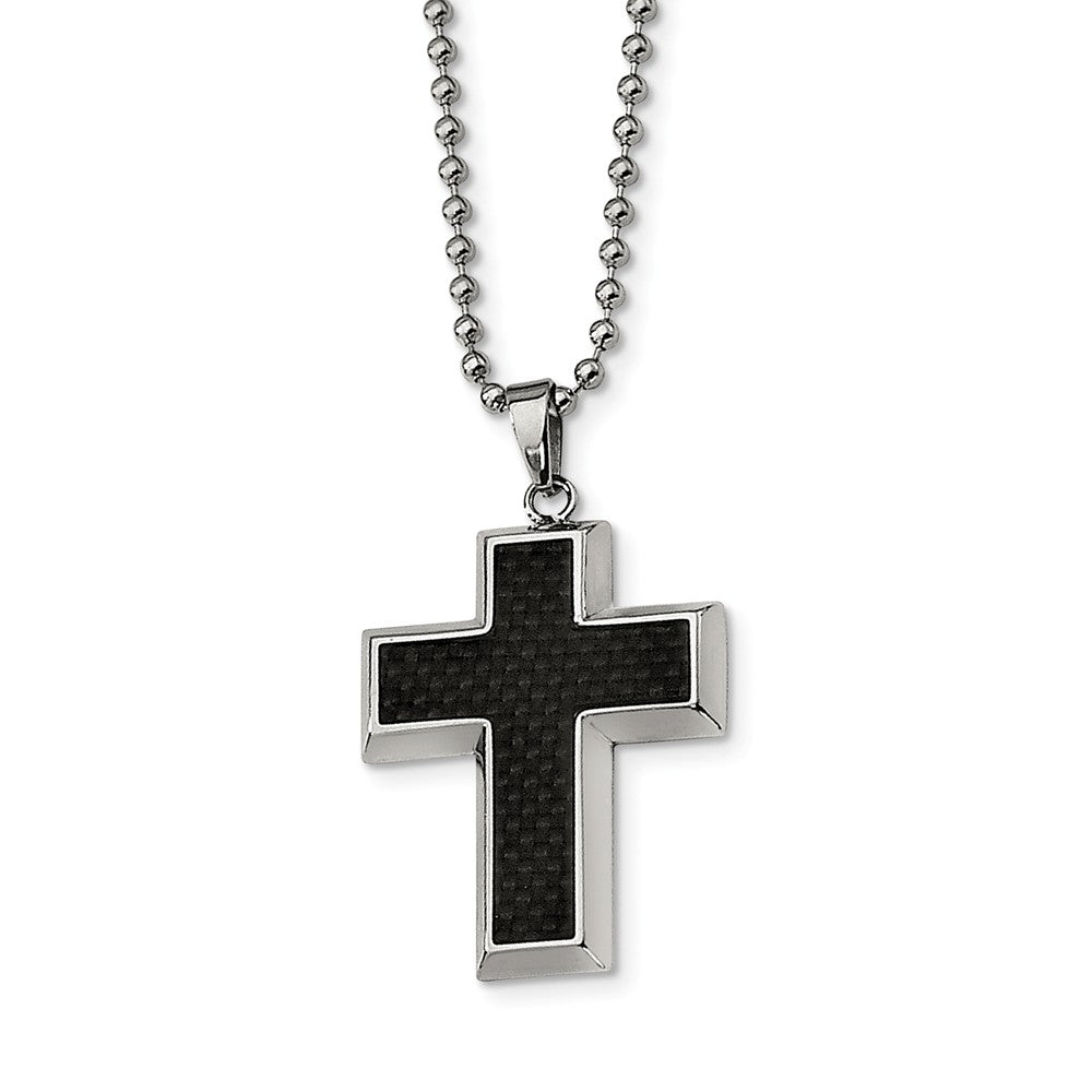 Stainless Steel and Black Carbon Fiber Inlay Cross Necklace - 22 Inch, Item N8483 by The Black Bow Jewelry Co.