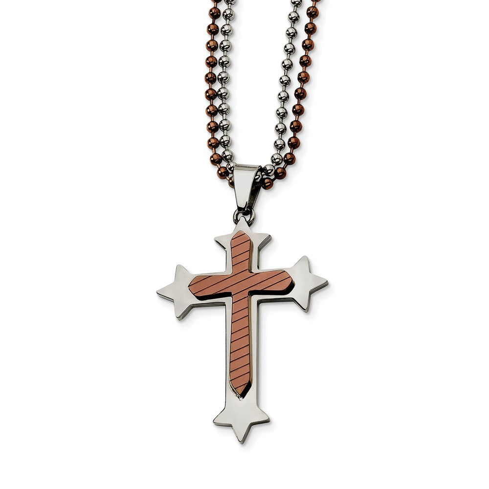 Men's Stainless Steel and Cognac Accent Cross Necklace, Item N8499 by The Black Bow Jewelry Co.