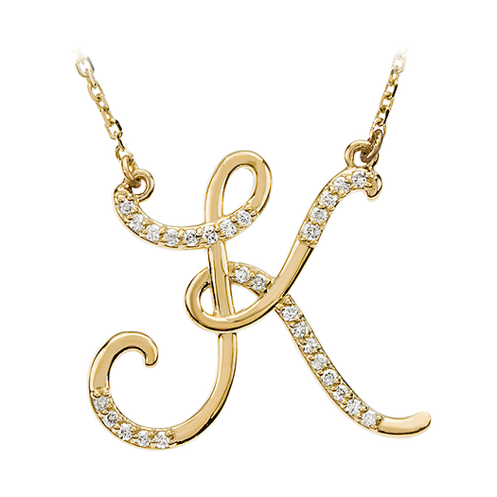 1/8 Ctw Diamond 14k Yellow Gold Medium Script Initial K Necklace, 17in, Item N8892-K by The Black Bow Jewelry Co.