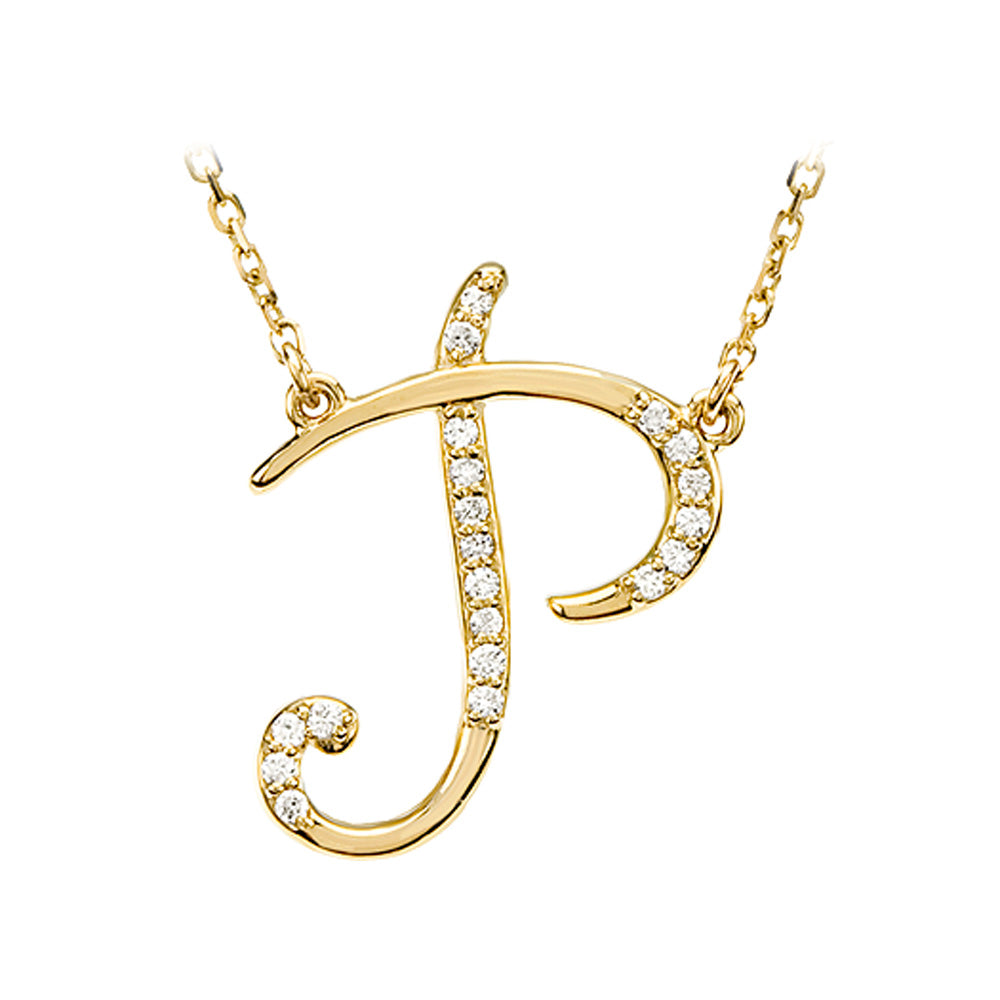1/10 Ctw Diamond 14k Yellow Gold Medium Script Initial P Necklace 17in, Item N8892-P by The Black Bow Jewelry Co.