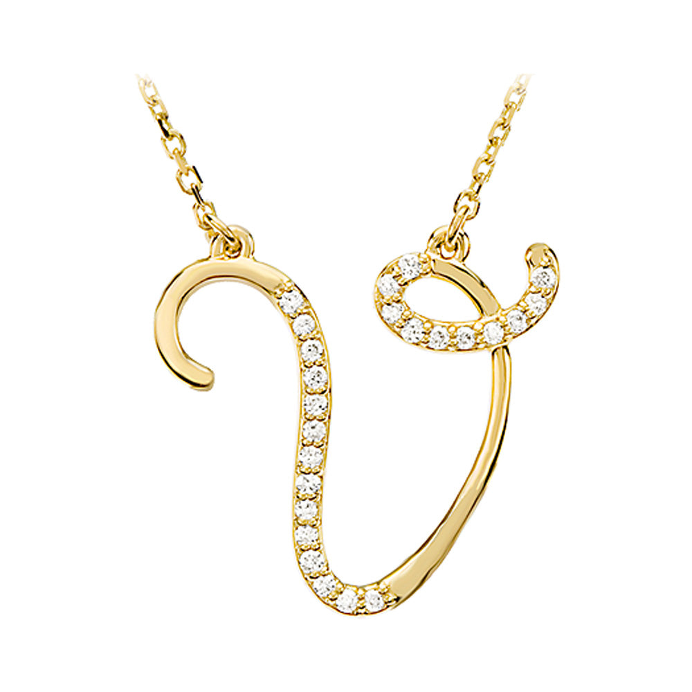 1/8 Ctw Diamond 14k Yellow Gold Medium Script Initial V Necklace, 17in, Item N8892-V by The Black Bow Jewelry Co.