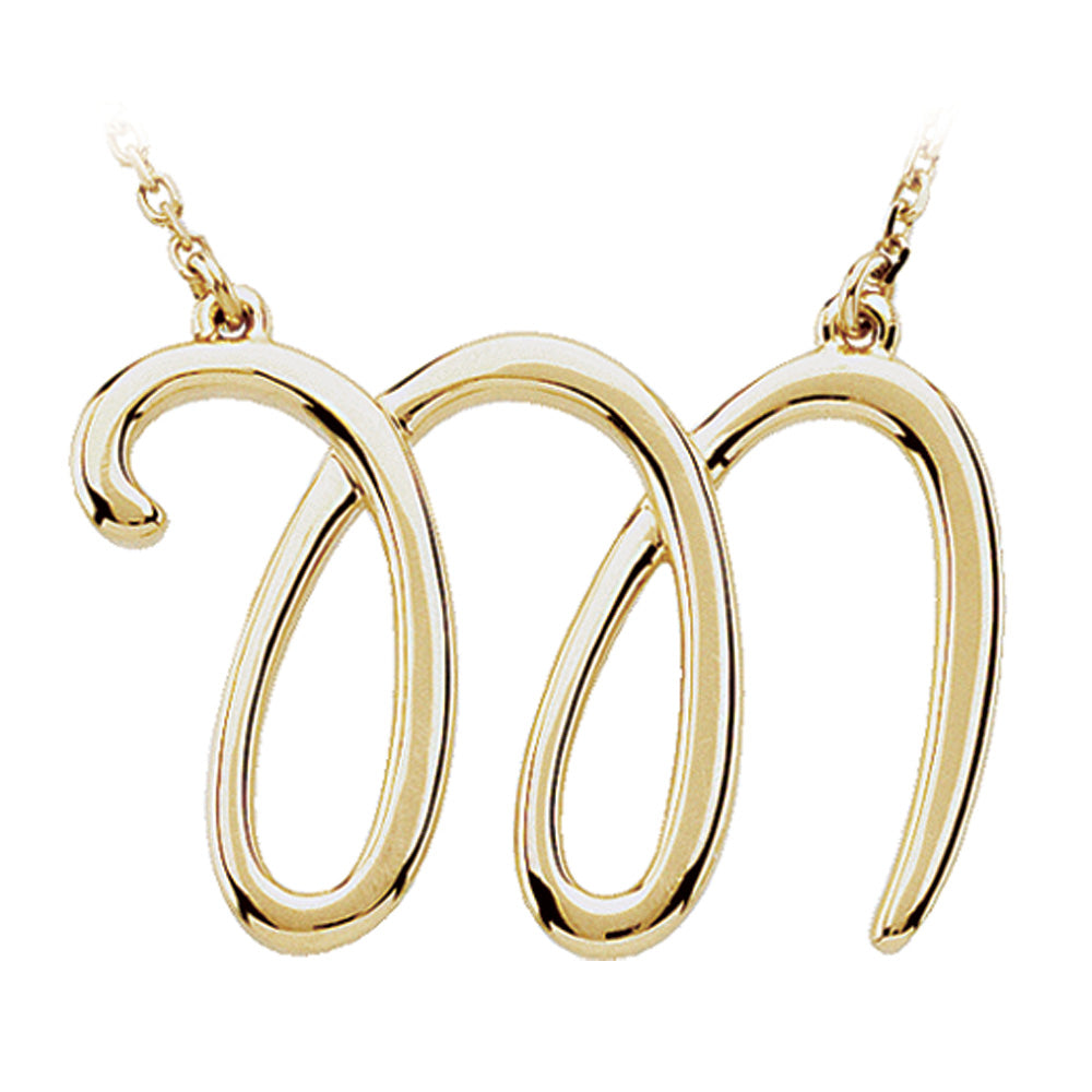 14k Yellow Gold, Olivia Collection, Medium Script Initial M Necklace, Item N8896-M by The Black Bow Jewelry Co.