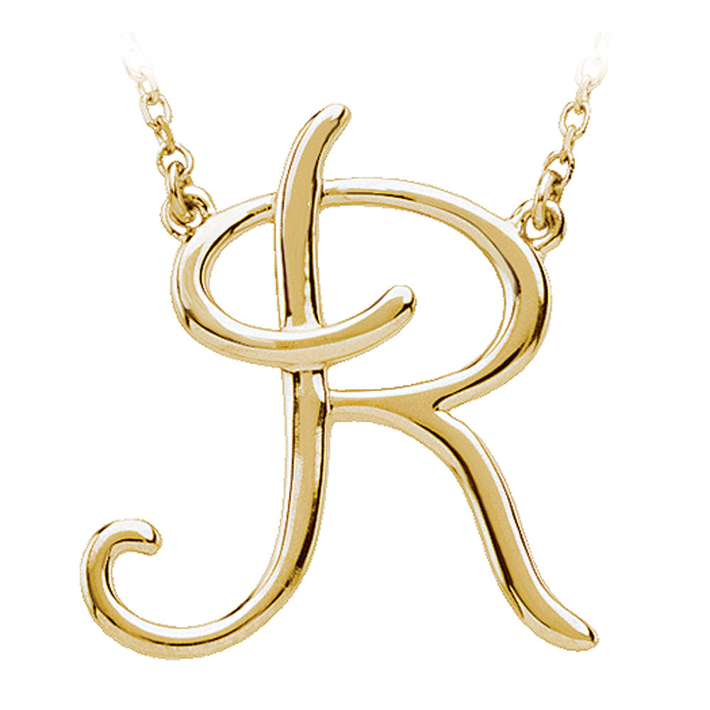 14k Yellow Gold, Olivia Collection, Medium Script Initial R Necklace, Item N8896-R by The Black Bow Jewelry Co.