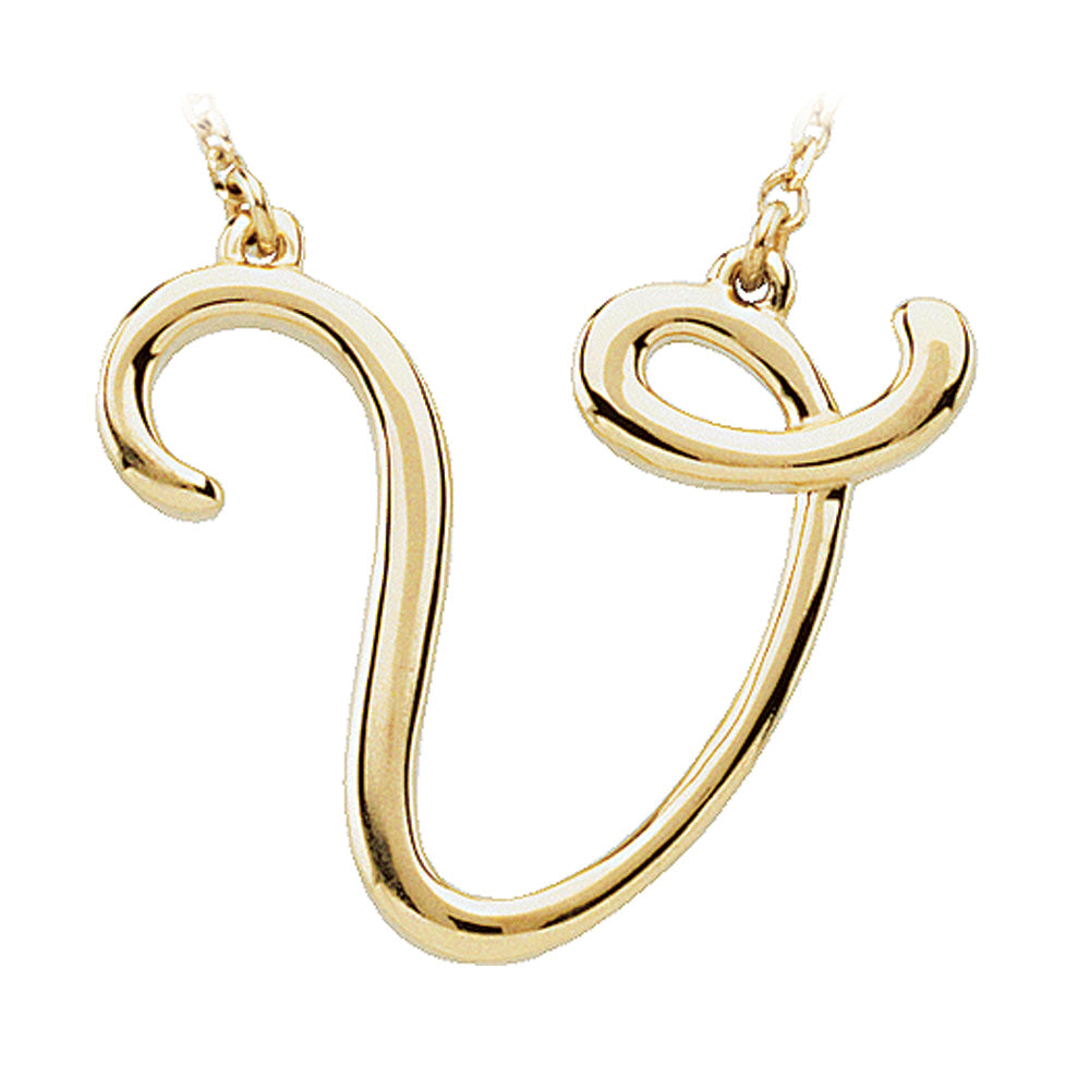 14k Yellow Gold, Olivia Collection, Medium Script Initial V Necklace, Item N8896-V by The Black Bow Jewelry Co.