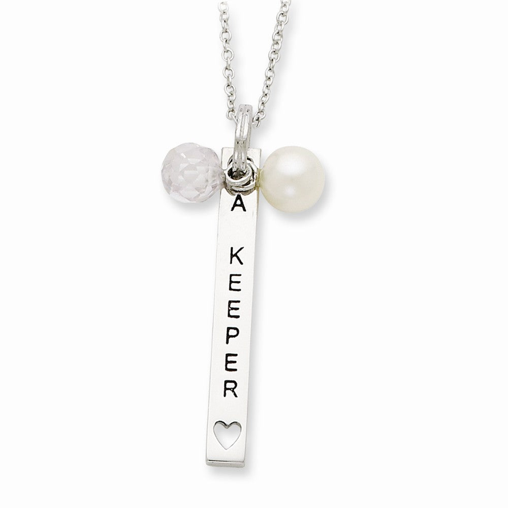 Alternate view of the Sterling Silver, FWC Pearl & CZ I Am A Keeper Bar Necklace, 18 Inch by The Black Bow Jewelry Co.