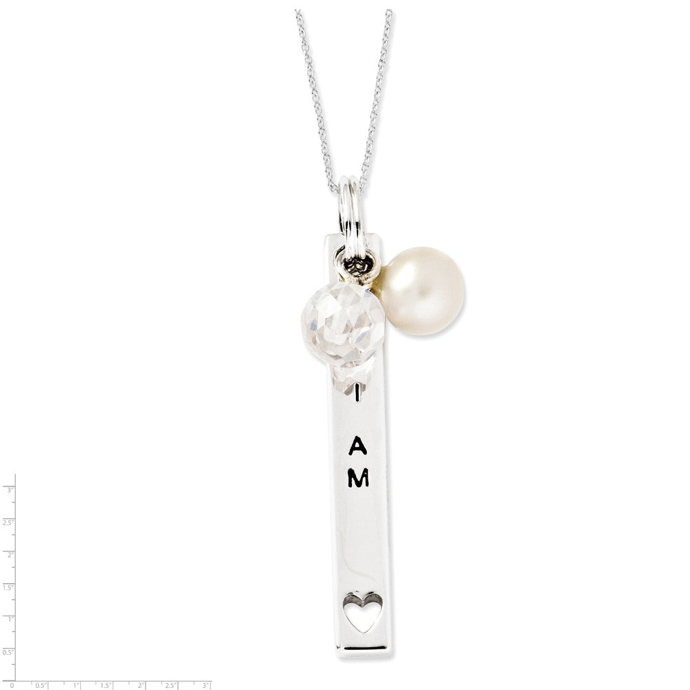 Alternate view of the Sterling Silver, FWC Pearl & CZ I Am A Keeper Bar Necklace, 18 Inch by The Black Bow Jewelry Co.