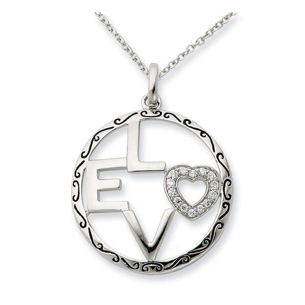 Rhodium Plated Sterling Silver & CZ, Love Circle Necklace, 18 Inch, Item N8957 by The Black Bow Jewelry Co.