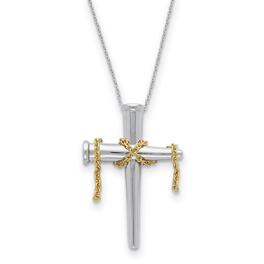 Rhodium & Gold Tone Plated Sterling Silver Nail Cross Necklace, 18 In., Item N8976 by The Black Bow Jewelry Co.