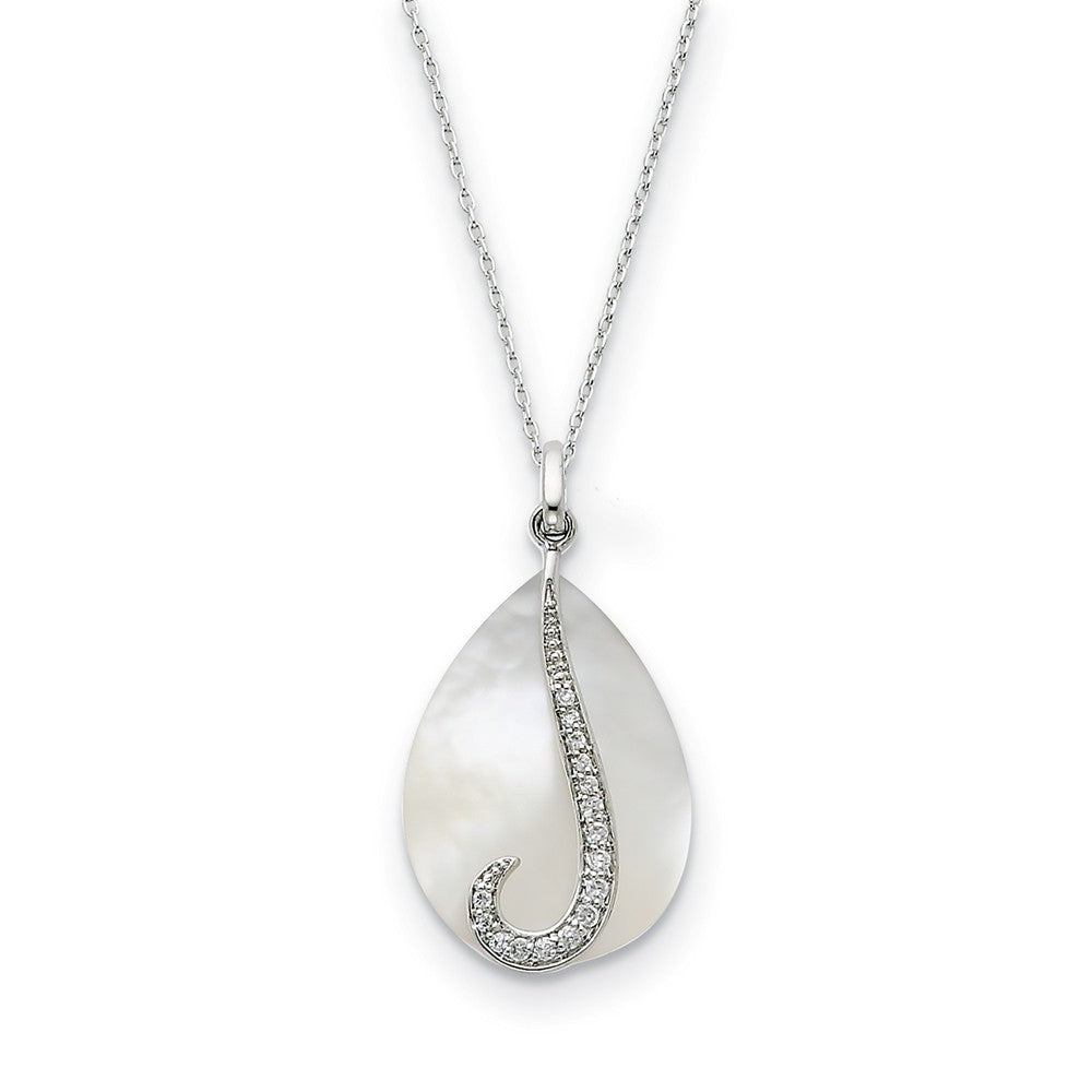 Sterling Silver, CZ & Mother of Pearl Tear From Heaven Necklace, 18 In, Item N9014 by The Black Bow Jewelry Co.