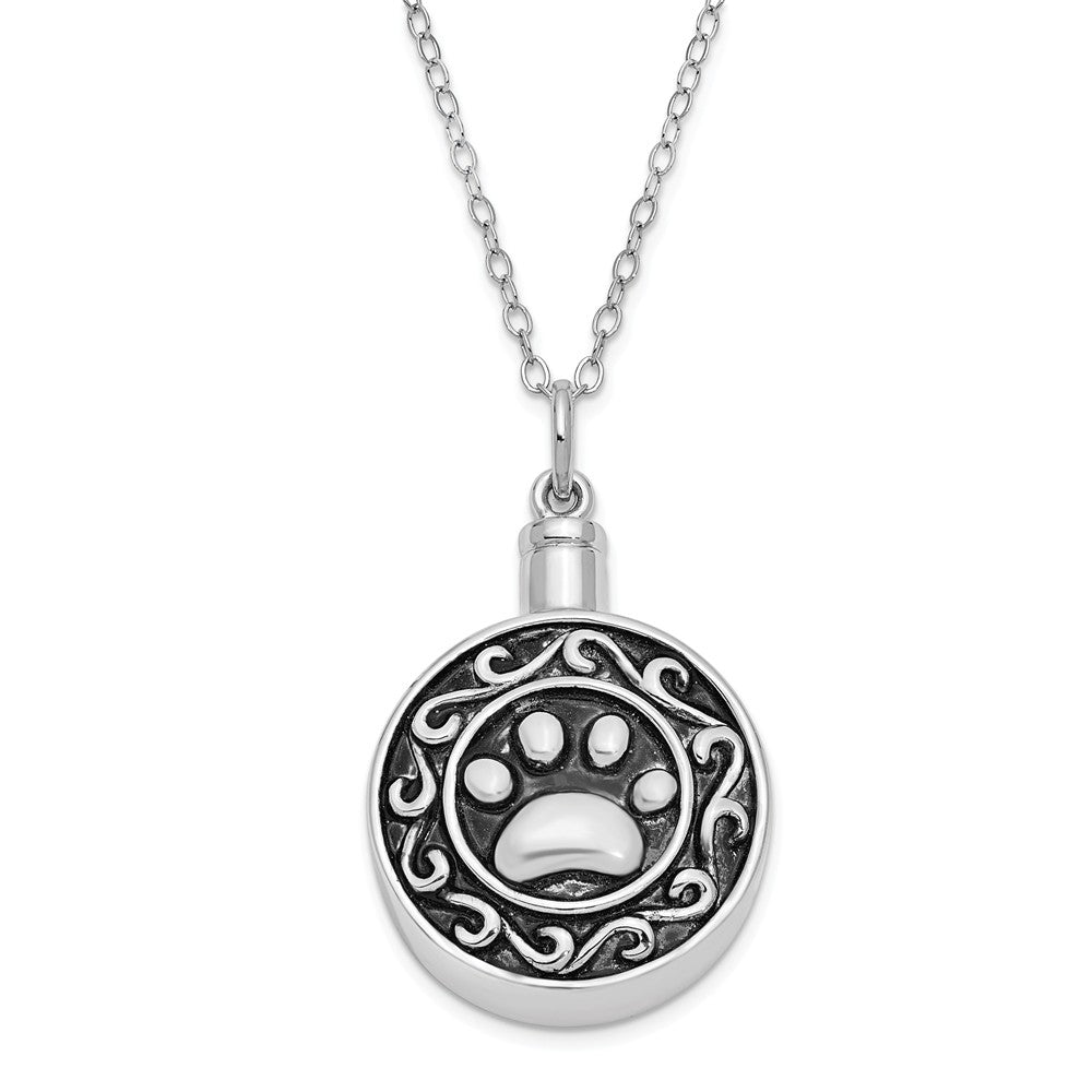 Rhodium Plated Sterling Silver Paw Print Ash Holder Necklace, 18 Inch, Item N9033 by The Black Bow Jewelry Co.