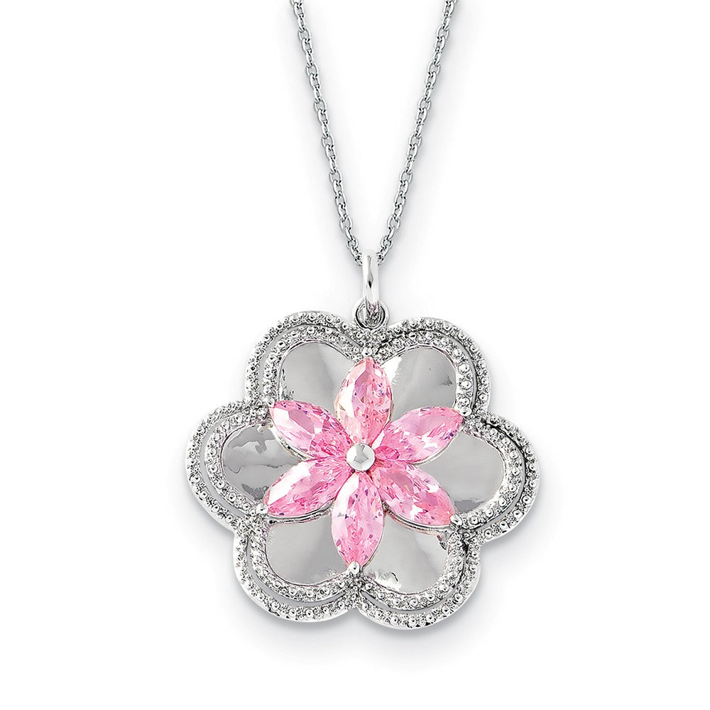 Rhodium Plated Sterling Silver & CZ Pretty in Pink Flower Necklace, Item N9352 by The Black Bow Jewelry Co.