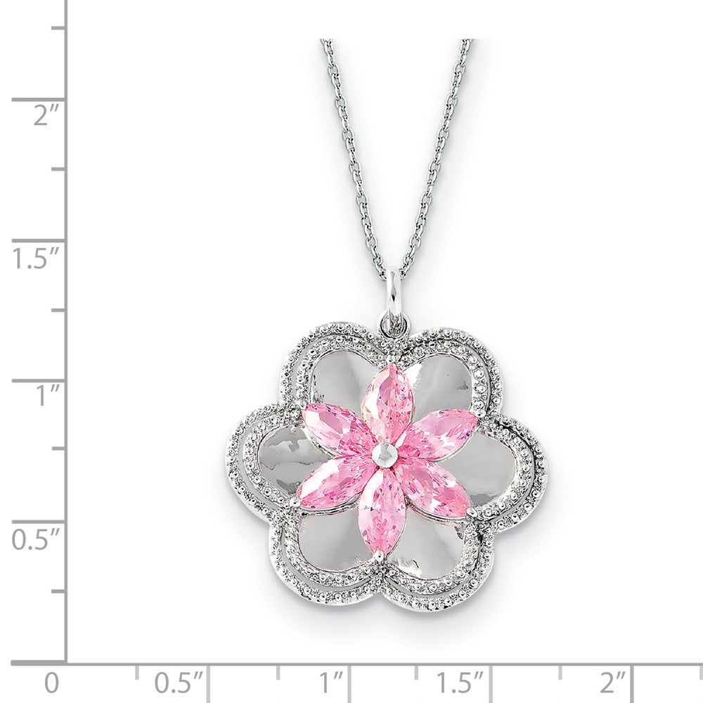 Alternate view of the Rhodium Plated Sterling Silver & CZ Pretty in Pink Flower Necklace by The Black Bow Jewelry Co.