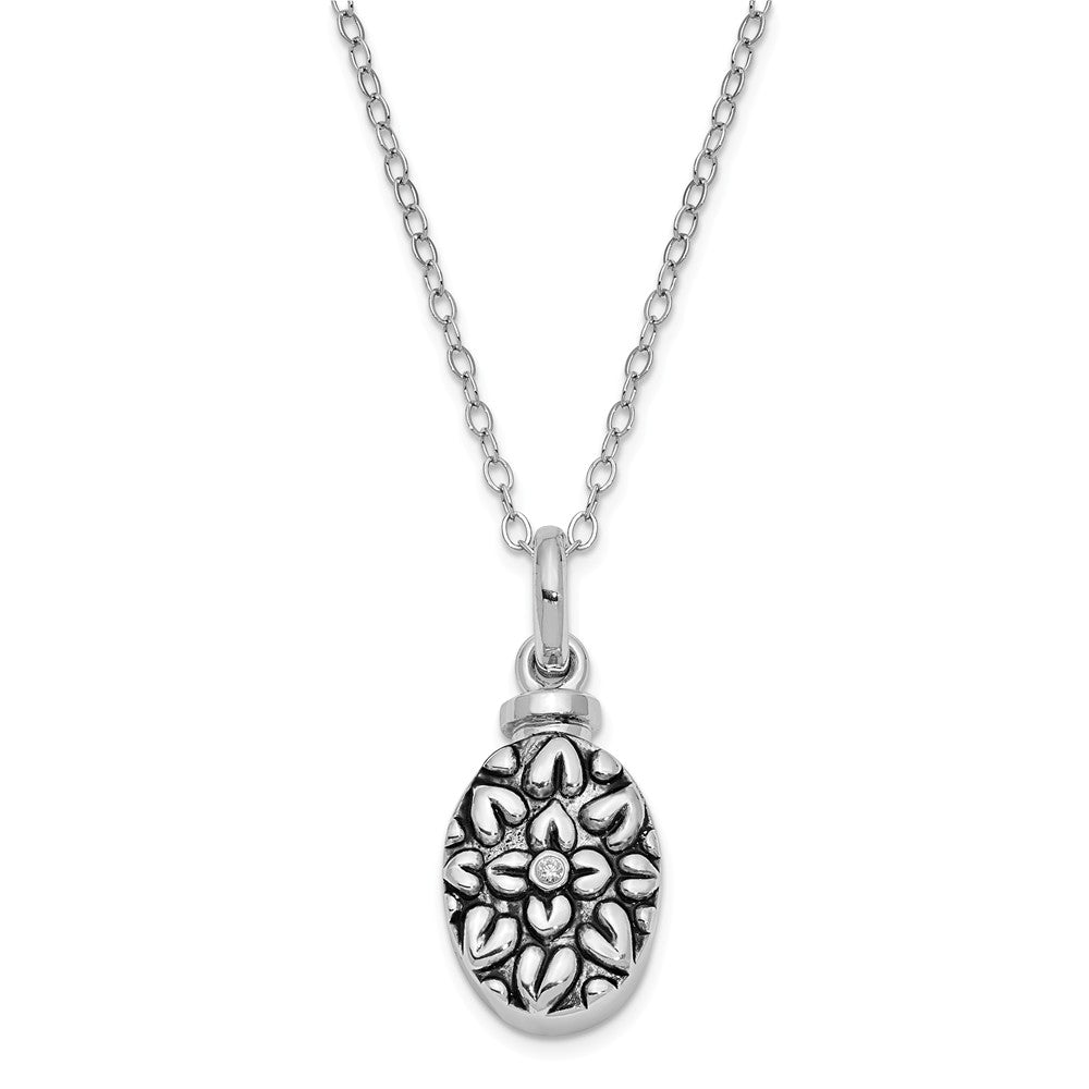 Rhodium Plated Sterling Silver & CZ Flower Ash Holder Necklace, 18in, Item N9429 by The Black Bow Jewelry Co.