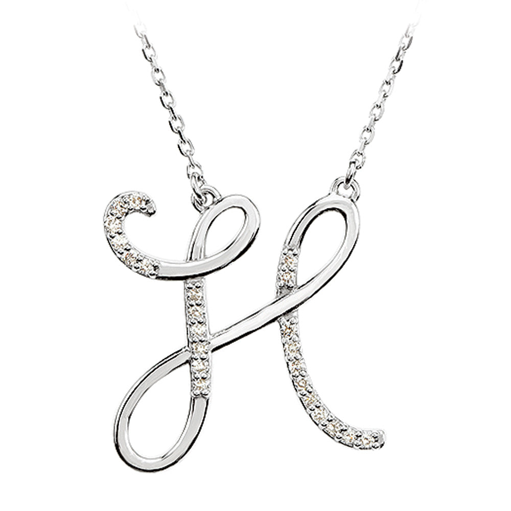 1/8 Ctw Diamond 14k White Gold Medium Script Initial H Necklace, 17in, Item N9625-H by The Black Bow Jewelry Co.