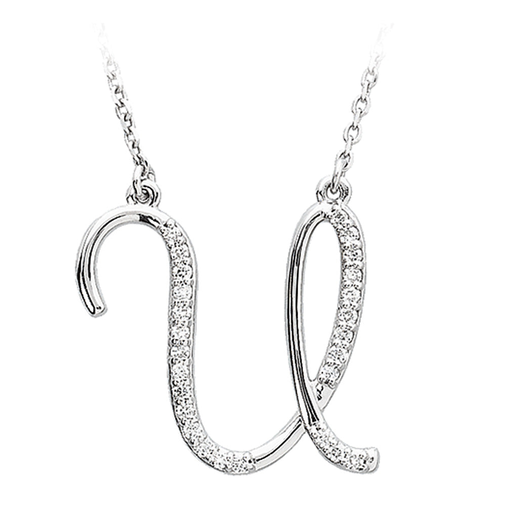 1/8 Ctw Diamond 14k White Gold Medium Script Initial U Necklace, 17in, Item N9625-U by The Black Bow Jewelry Co.