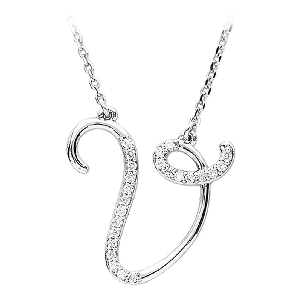 1/8 Ctw Diamond 14k White Gold Medium Script Initial V Necklace, 17in, Item N9625-V by The Black Bow Jewelry Co.