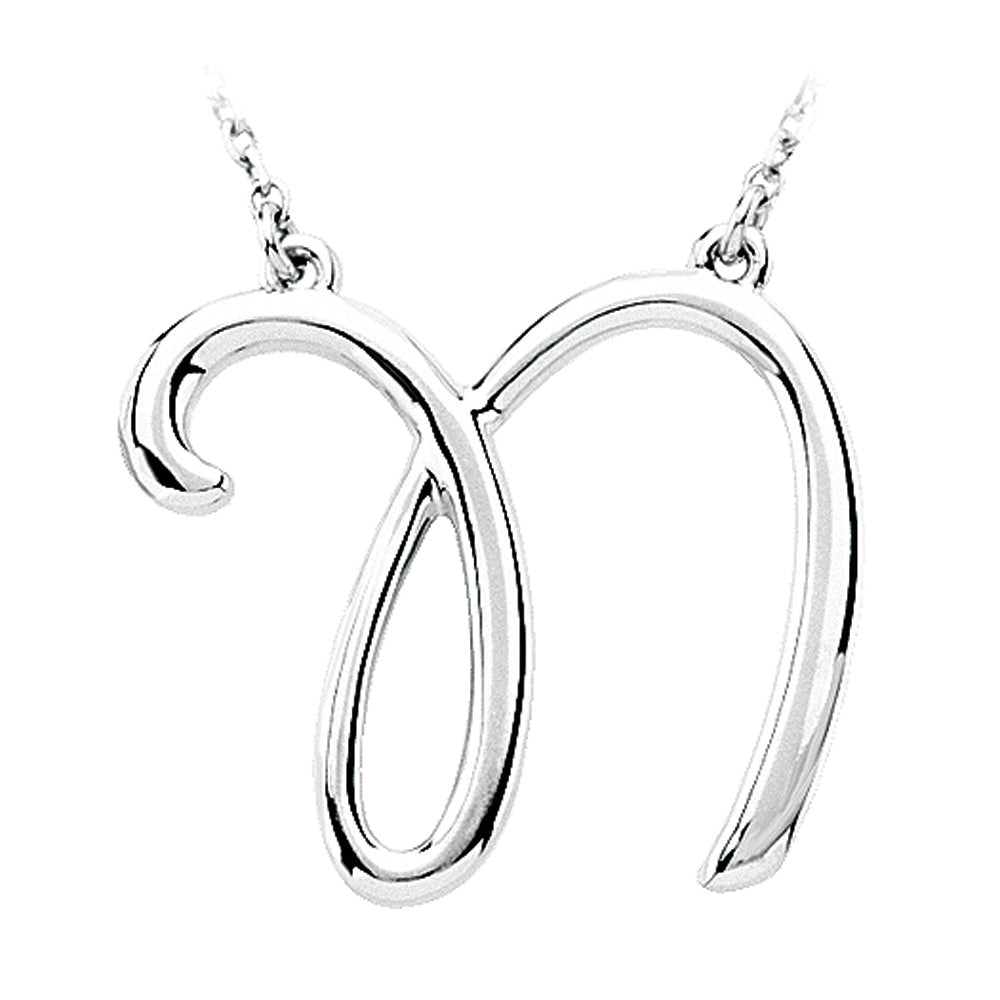 14k White Gold, Olivia Collection, Medium Script Initial N Necklace, Item N9627-N by The Black Bow Jewelry Co.