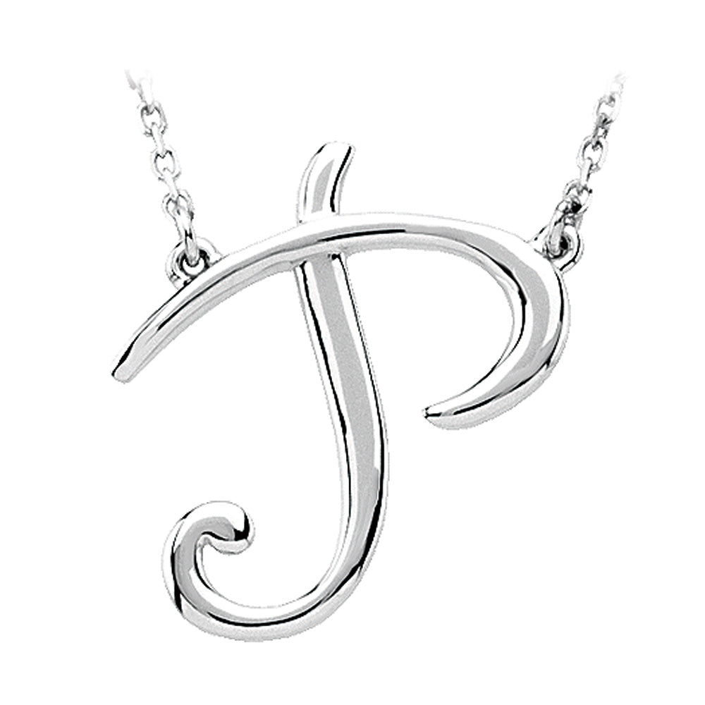 14k White Gold, Olivia Collection, Medium Script Initial P Necklace, Item N9627-P by The Black Bow Jewelry Co.
