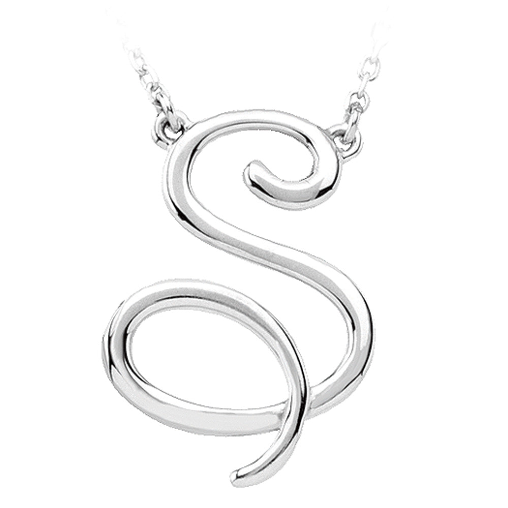 14k White Gold, Olivia Collection, Medium Script Initial S Necklace, Item N9627-S by The Black Bow Jewelry Co.