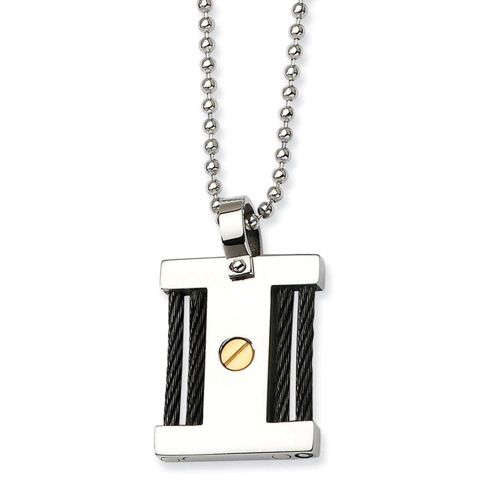 Mens Stainless Steel, Black & Gold Tone Square Pendant Necklace 22 In., Item N9670 by The Black Bow Jewelry Co.