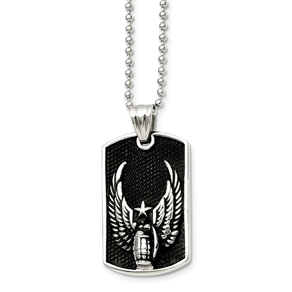 Stainless Steel Antiqued Wings Dog Tag Necklace 22 Inch, Item N9696 by The Black Bow Jewelry Co.