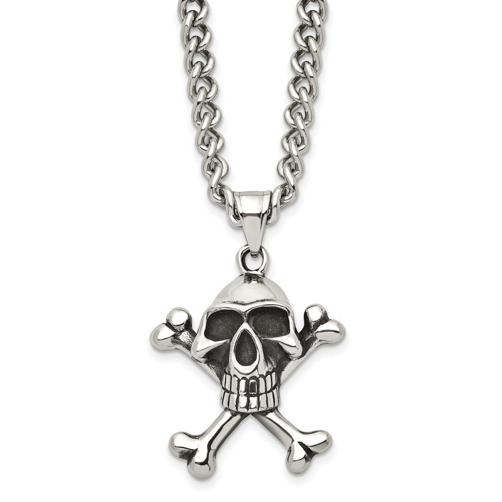 Stainless Steel Antiqued Skull and Crossbones Necklace 24 Inch, Item N9706 by The Black Bow Jewelry Co.