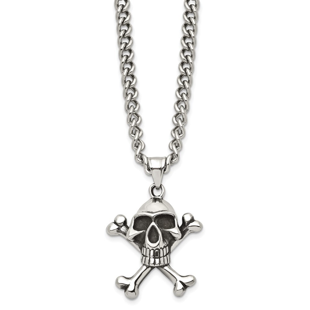 Alternate view of the Stainless Steel Antiqued Skull and Crossbones Necklace 24 Inch by The Black Bow Jewelry Co.