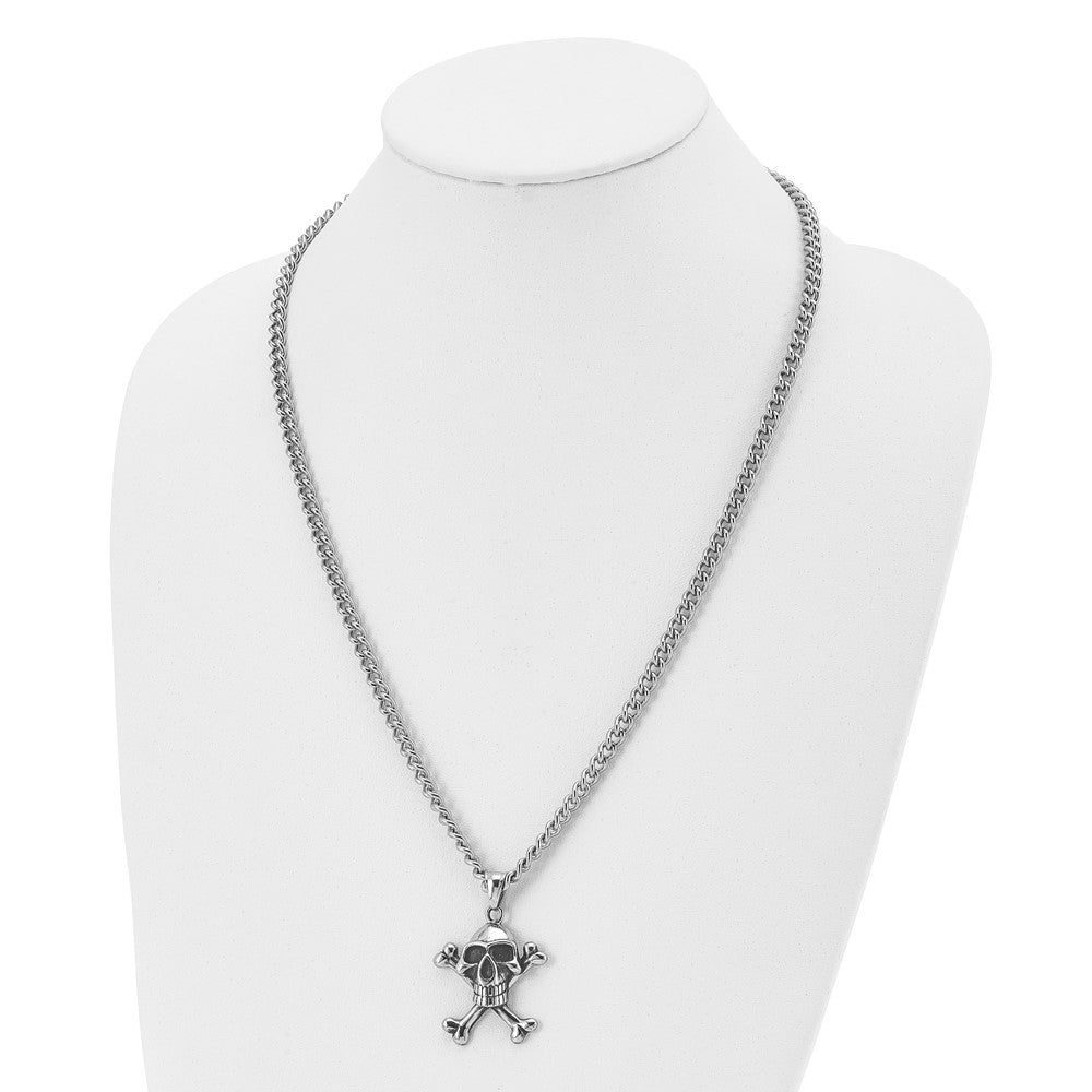 Alternate view of the Stainless Steel Antiqued Skull and Crossbones Necklace 24 Inch by The Black Bow Jewelry Co.