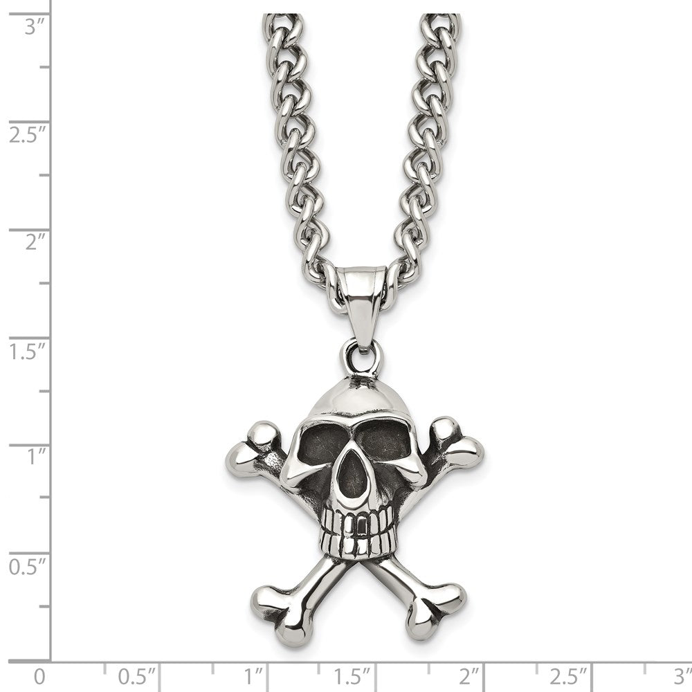 Alternate view of the Stainless Steel Antiqued Skull and Crossbones Necklace 24 Inch by The Black Bow Jewelry Co.