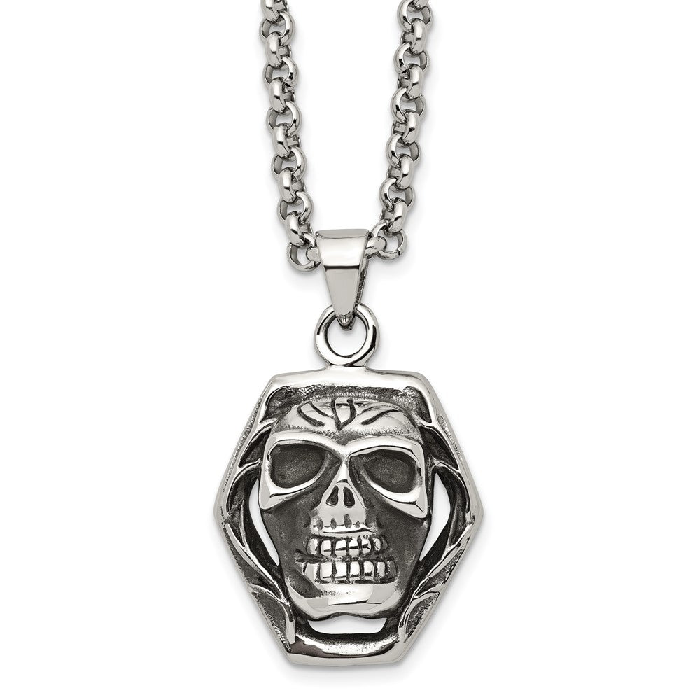 Stainless Steel Antiqued Skull Necklace 24 Inch, Item N9707 by The Black Bow Jewelry Co.