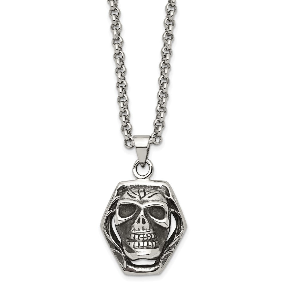 Alternate view of the Stainless Steel Antiqued Skull Necklace 24 Inch by The Black Bow Jewelry Co.