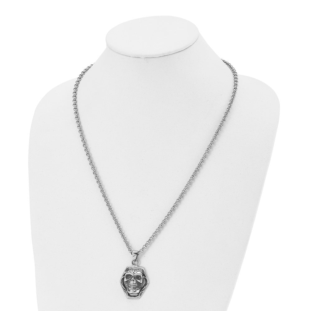 Alternate view of the Stainless Steel Antiqued Skull Necklace 24 Inch by The Black Bow Jewelry Co.