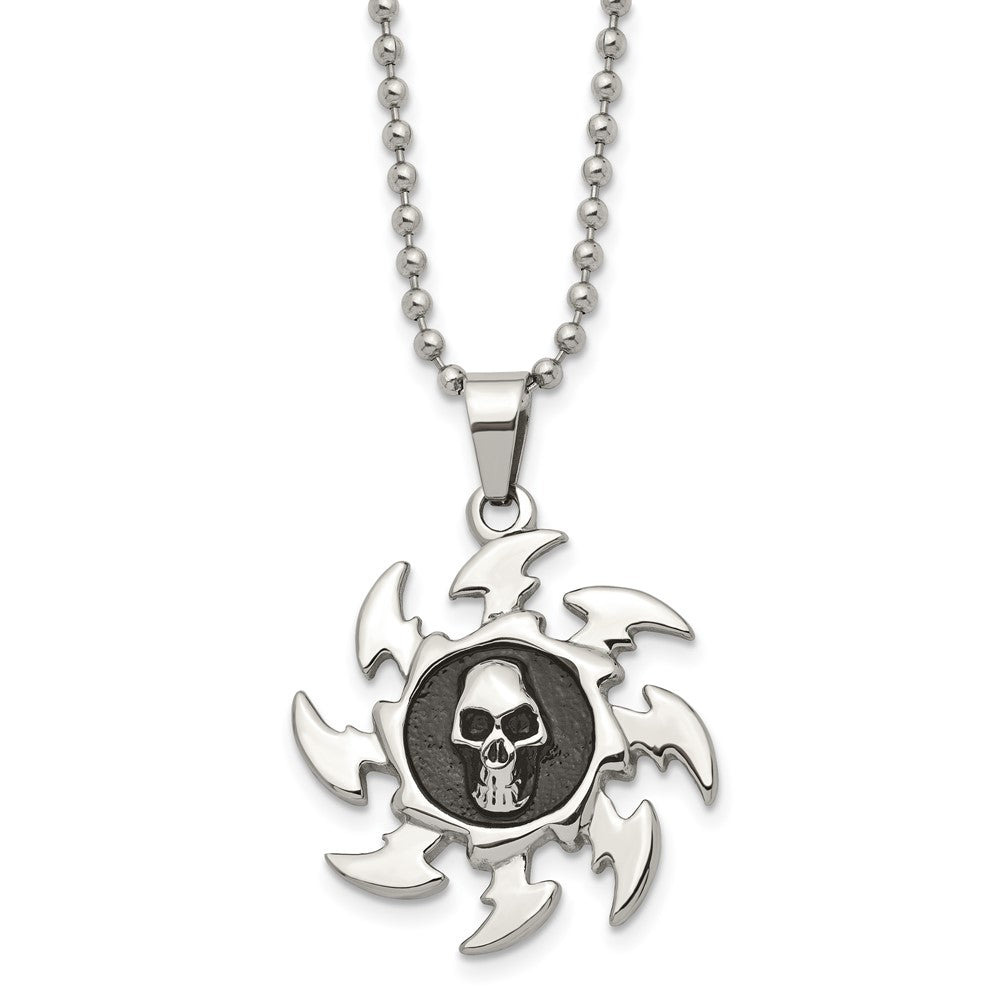 Stainless Steel Antiqued Saw Blade and Skull Necklace 24 Inch, Item N9708 by The Black Bow Jewelry Co.