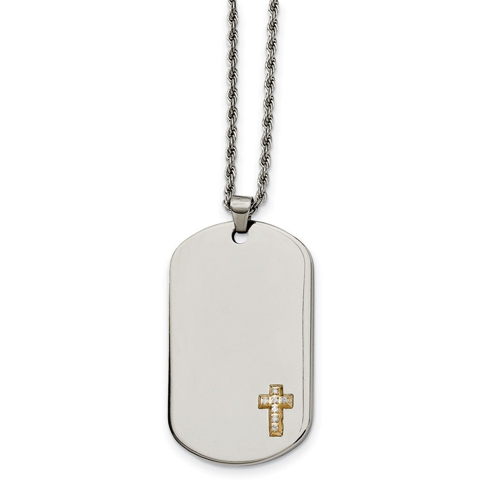 Stainless Steel, 14k Gold Plated Diamond Accent Cross Dog Tag Necklace, Item N9757 by The Black Bow Jewelry Co.