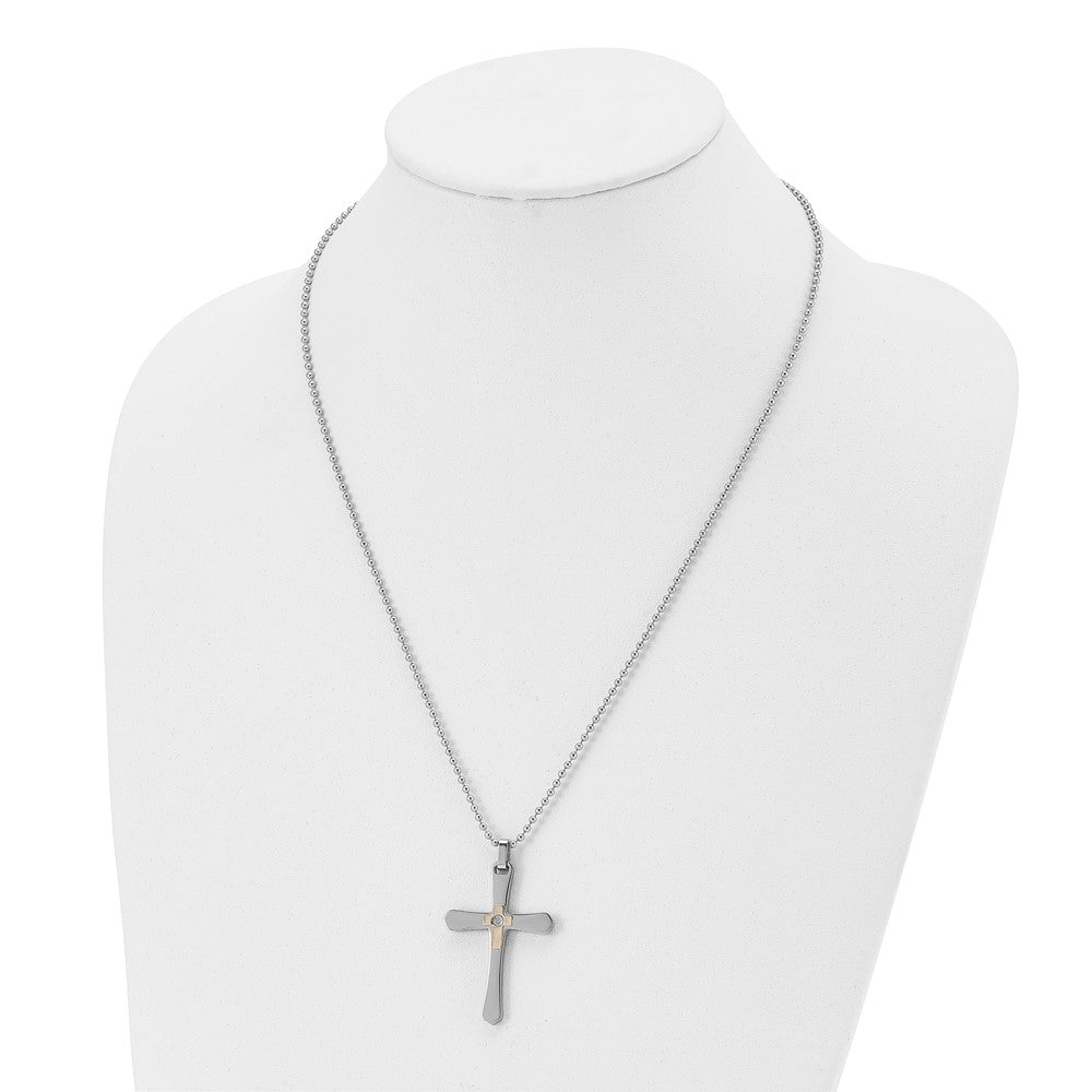 Alternate view of the Stainless Steel, 14k Gold Plated and Diamond Accent Cross Necklace by The Black Bow Jewelry Co.