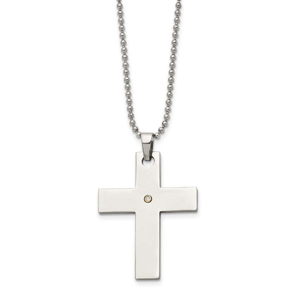 Alternate view of the Stainless Steel and Single Diamond Accent Cross Necklace - 22 Inch by The Black Bow Jewelry Co.