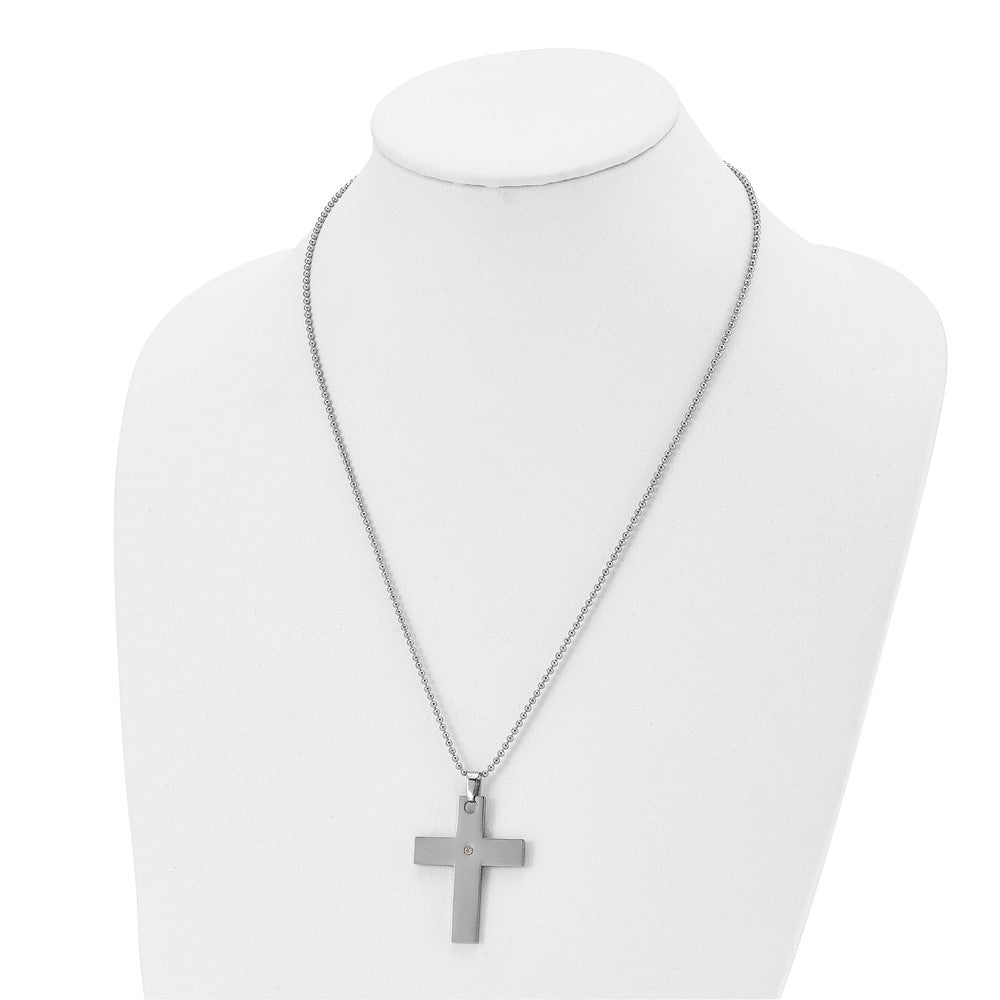 Alternate view of the Stainless Steel and Single Diamond Accent Cross Necklace - 22 Inch by The Black Bow Jewelry Co.