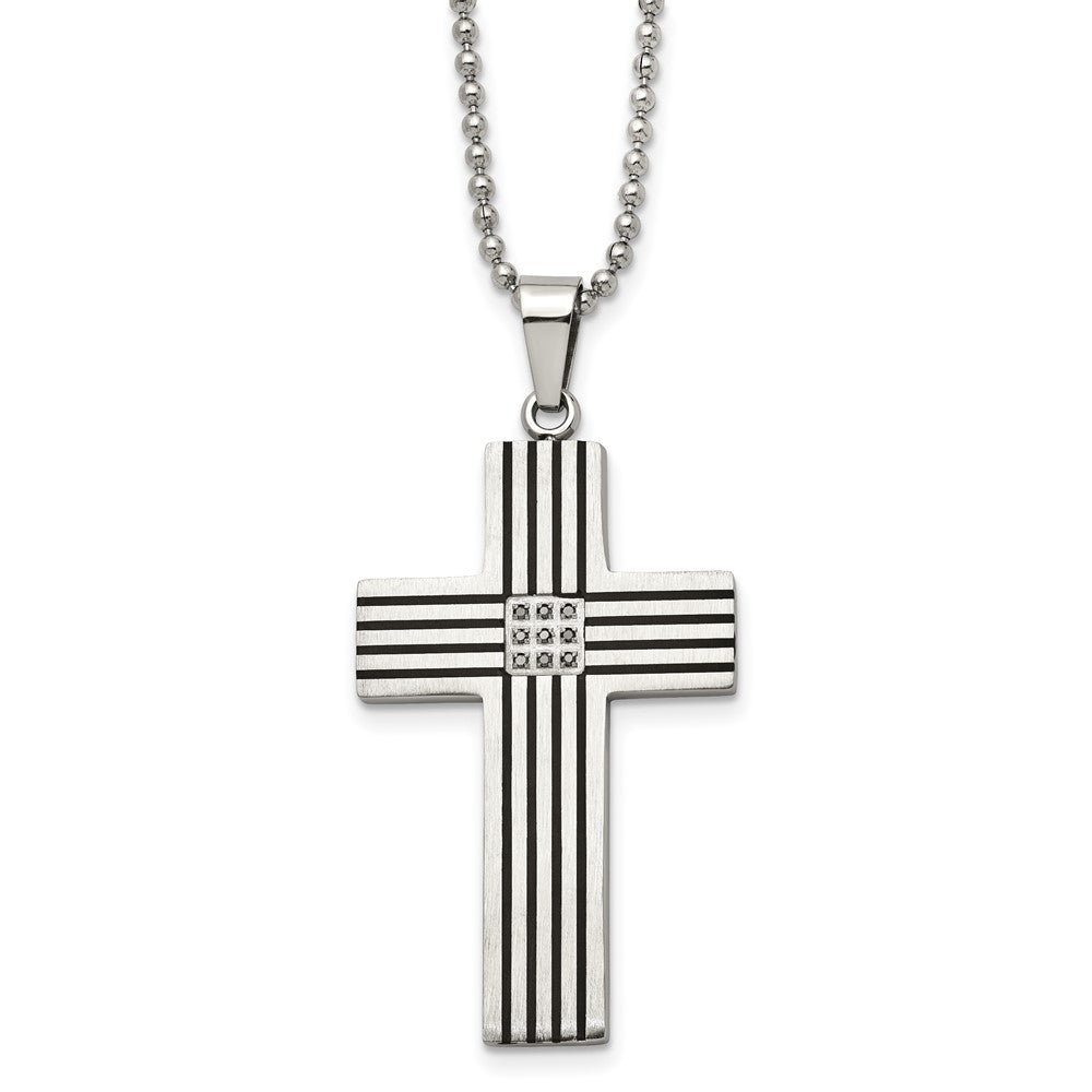Stainless Steel Striped and Black Diamond Cross Necklace - 22 Inch, Item N9768 by The Black Bow Jewelry Co.