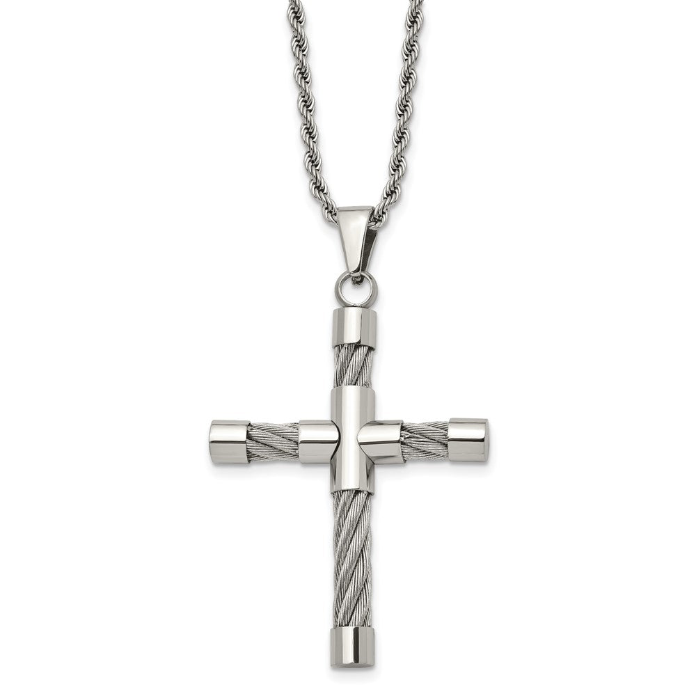 Stainless Steel Polished and Wire Cross Necklace - 22 Inch, Item N9799 by The Black Bow Jewelry Co.