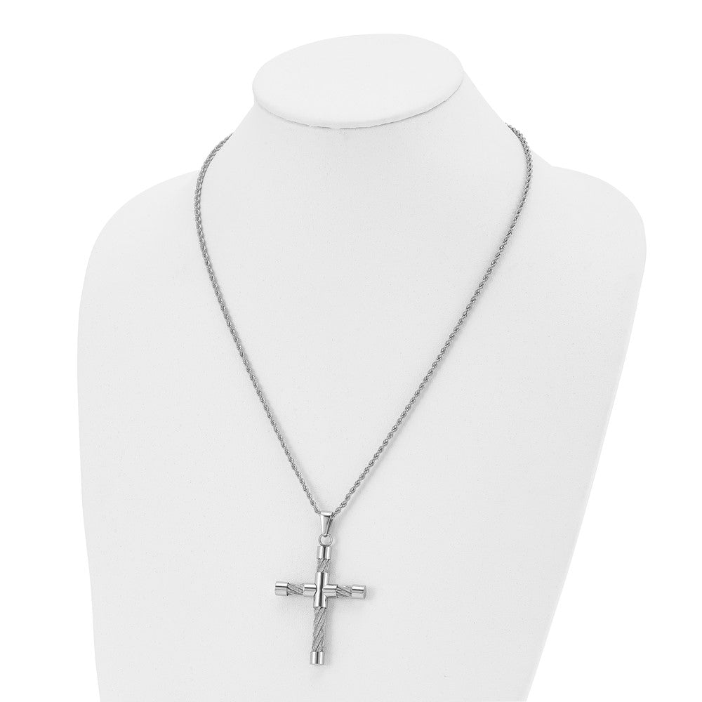 Alternate view of the Stainless Steel Polished and Wire Cross Necklace - 22 Inch by The Black Bow Jewelry Co.